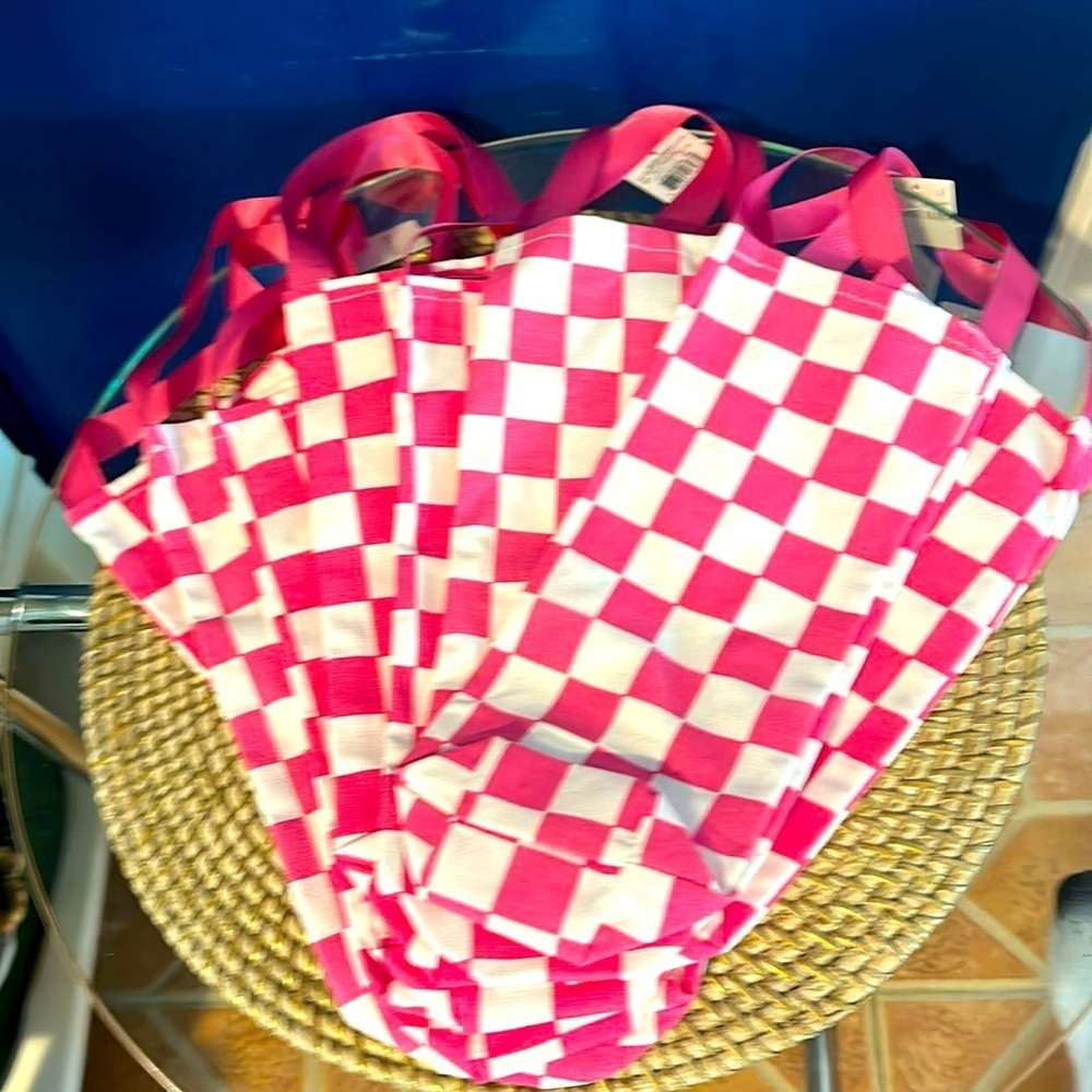 NWT Set of 10 Canvas Pink & White Checkered Party Favor Gift Bags - Wine Bags